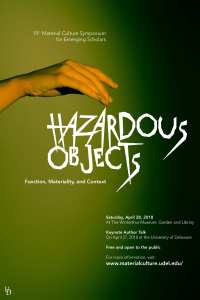 A creepy green poster with a female hand being stabbed by pointy lettering in the Hazardous Objects conference title. 